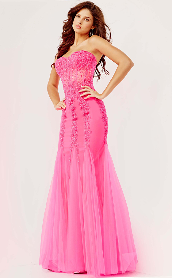 Jovani 5908 Hot Pink Embellished Strapless Dress